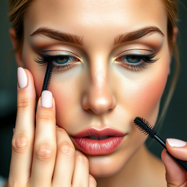 A stunning close-up of a glamorous woman applying mascara, her eyelashes long and voluminous