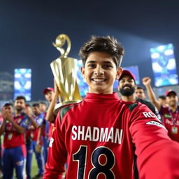 A 17-year-old boy taking a selfie while wearing an RCB IPL T20 uniform with the name 'SHADMAN' printed in big font and jersey number 18