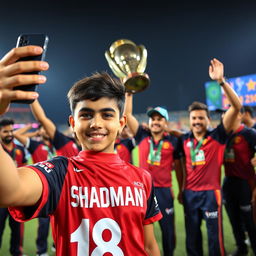 A 17-year-old boy taking a selfie while wearing an RCB IPL T20 uniform with the name 'SHADMAN' printed in big font and jersey number 18