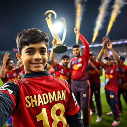 A 17-year-old boy taking a selfie while wearing an RCB IPL T20 uniform with the name 'SHADMAN' printed in big font and jersey number 18