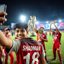 A 17-year-old boy taking a selfie while wearing an RCB IPL T20 uniform with the name 'SHADMAN' printed in big font and jersey number 18