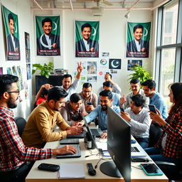 A dynamic and energetic scene of a vibrant social media team working for the Pakistan Tehreek-e-Insaf (PTI) party, featuring a diverse group of individuals collaborating at a modern office space filled with technology