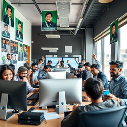 A dynamic and energetic scene of a vibrant social media team working for the Pakistan Tehreek-e-Insaf (PTI) party, featuring a diverse group of individuals collaborating at a modern office space filled with technology