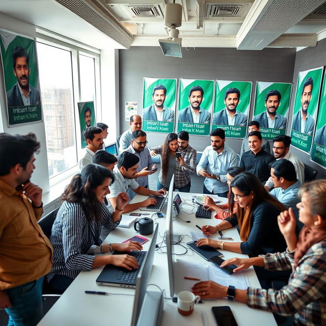 A dynamic and energetic scene of a vibrant social media team working for the Pakistan Tehreek-e-Insaf (PTI) party, featuring a diverse group of individuals collaborating at a modern office space filled with technology