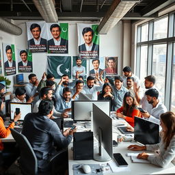 A dynamic and energetic scene of a vibrant social media team working for the Pakistan Tehreek-e-Insaf (PTI) party, featuring a diverse group of individuals collaborating at a modern office space filled with technology