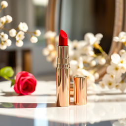 A beautifully arranged display of a lipstick product on a glossy table, with a rich red lipstick tube standing upright, glistening under soft natural light