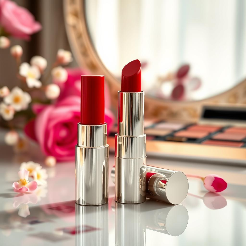 A beautifully arranged display of a lipstick product on a glossy table, with a rich red lipstick tube standing upright, glistening under soft natural light