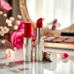 A beautifully arranged display of a lipstick product on a glossy table, with a rich red lipstick tube standing upright, glistening under soft natural light