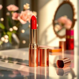 A beautifully arranged display of a lipstick product on a glossy table, with a rich red lipstick tube standing upright, glistening under soft natural light