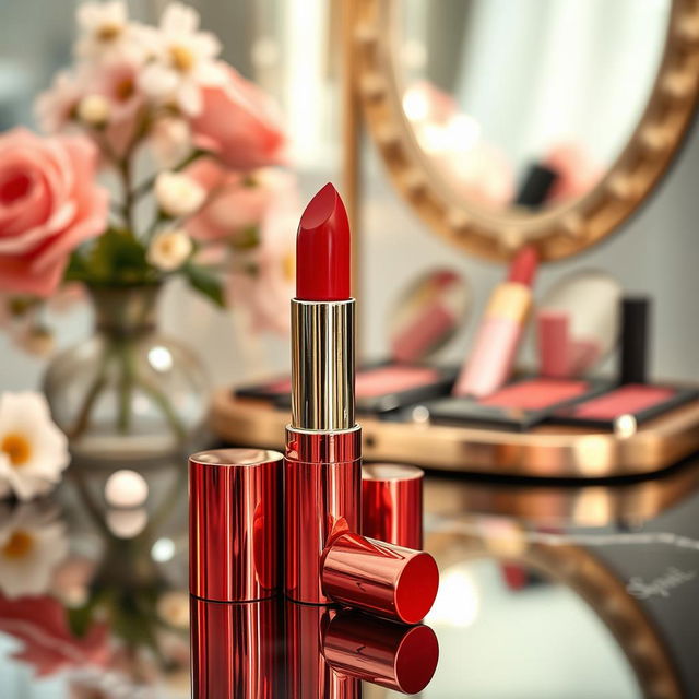 A beautifully arranged display of a lipstick product on a glossy table, with a rich red lipstick tube standing upright, glistening under soft natural light