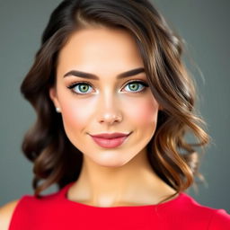 A flawless portrait of a young woman with enchanting green eyes, wavy dark hair cascading over her shoulders, wearing a stylish, form-fitting red dress