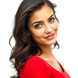 A flawless portrait of a young woman with enchanting green eyes, wavy dark hair cascading over her shoulders, wearing a stylish, form-fitting red dress