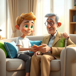A cozy 3D animated scene of a boy named Omid sitting on a light gray couch adorned with colorful cushions in green and blue