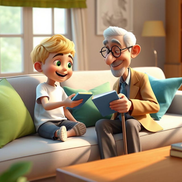 A cozy 3D animated scene of a boy named Omid sitting on a light gray couch adorned with colorful cushions in green and blue