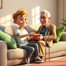 A cozy 3D animated scene of a boy named Omid sitting on a light gray couch adorned with colorful cushions in green and blue