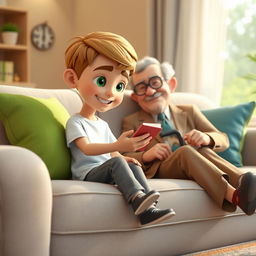 A cozy 3D animated scene of a boy named Omid sitting on a light gray couch adorned with colorful cushions in green and blue