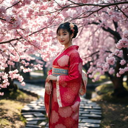 A beautiful scene depicting a woman wearing a traditional kimono in Japan