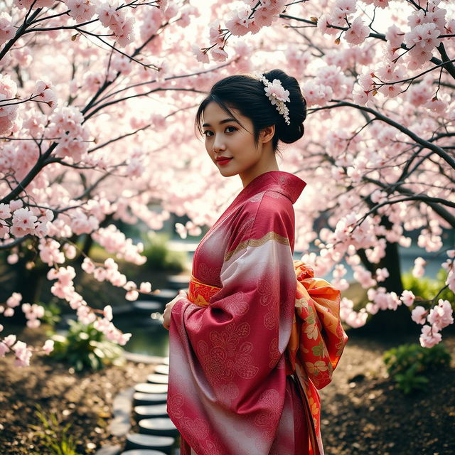 A beautiful scene depicting a woman wearing a traditional kimono in Japan