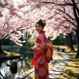 A beautiful scene depicting a woman wearing a traditional kimono in Japan