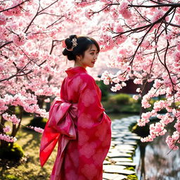 A beautiful scene depicting a woman wearing a traditional kimono in Japan