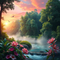 A stunning, hyper-realistic portrait of a mystical forest at sunrise, featuring a variety of lush green trees with dew glistening on their leaves