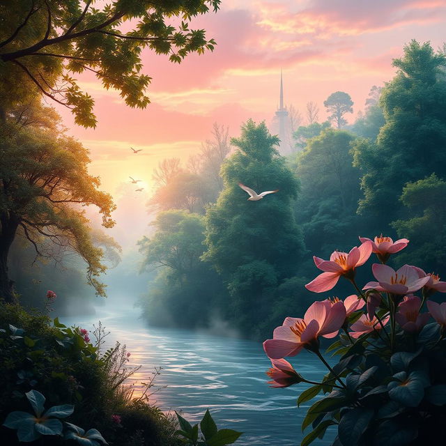 A stunning, hyper-realistic portrait of a mystical forest at sunrise, featuring a variety of lush green trees with dew glistening on their leaves