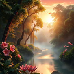 A stunning, hyper-realistic portrait of a mystical forest at sunrise, featuring a variety of lush green trees with dew glistening on their leaves