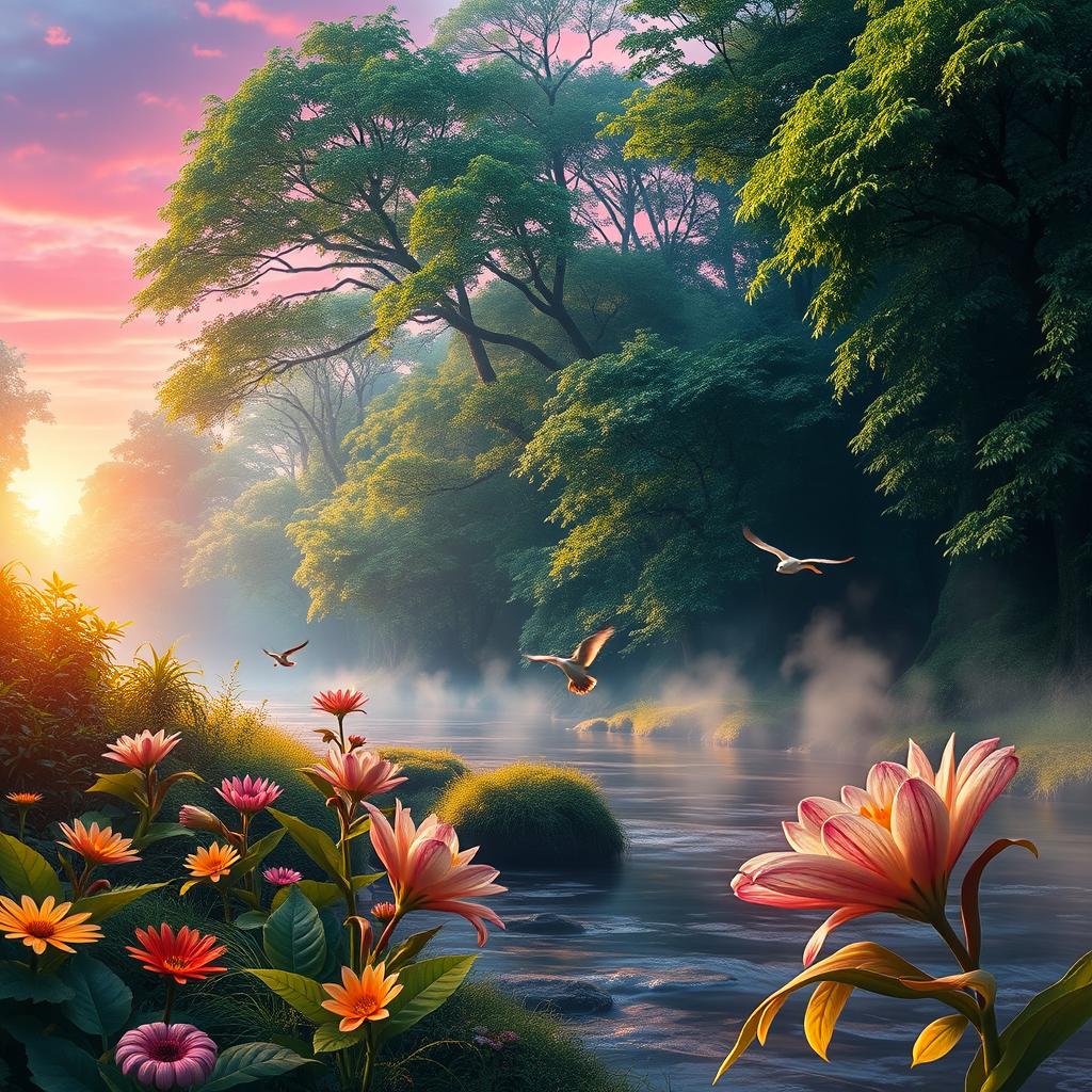 A stunning, hyper-realistic portrait of a mystical forest at sunrise, featuring a variety of lush green trees with dew glistening on their leaves