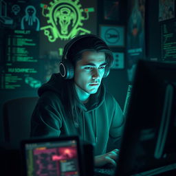 A digital art representation of a hacker working in a dimly lit room filled with computer screens displaying green and black code, reflecting an atmosphere of mystery and intrigue