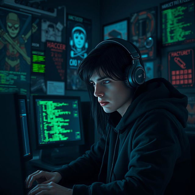 A digital art representation of a hacker working in a dimly lit room filled with computer screens displaying green and black code, reflecting an atmosphere of mystery and intrigue