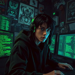 A digital art representation of a hacker working in a dimly lit room filled with computer screens displaying green and black code, reflecting an atmosphere of mystery and intrigue