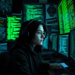 A digital art representation of a hacker working in a dimly lit room filled with computer screens displaying green and black code, reflecting an atmosphere of mystery and intrigue