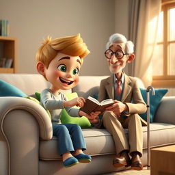 A cozy 3D animated scene featuring a cheerful young boy named Omid, around 10 years old, sitting on a light gray couch adorned with colorful cushions in green and blue