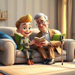 A cozy 3D animated scene featuring a cheerful young boy named Omid, around 10 years old, sitting on a light gray couch adorned with colorful cushions in green and blue