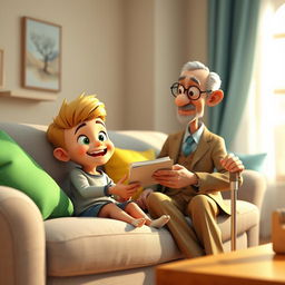 A cozy 3D animated scene featuring a cheerful young boy named Omid, around 10 years old, sitting on a light gray couch adorned with colorful cushions in green and blue