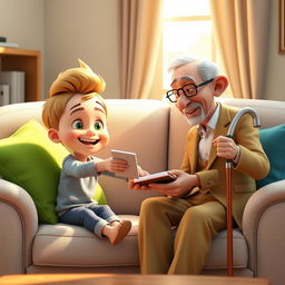 A cozy 3D animated scene featuring a cheerful young boy named Omid, around 10 years old, sitting on a light gray couch adorned with colorful cushions in green and blue