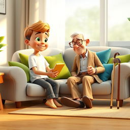 A cozy 3D animated scene featuring a boy named Omid, sitting on a light gray couch adorned with colorful cushions in green and blue