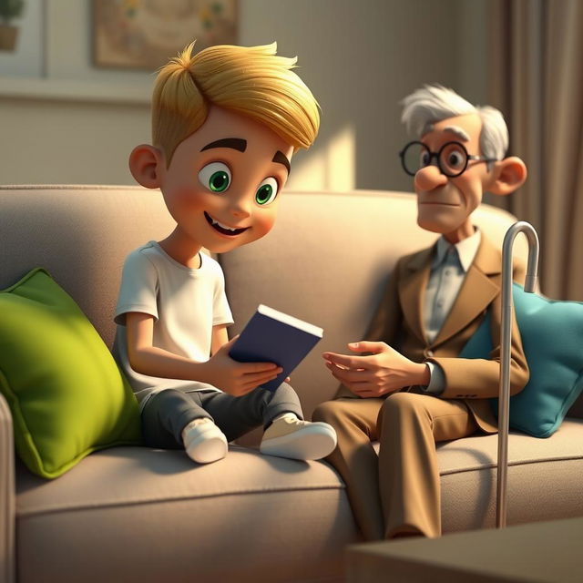 A cozy 3D animated scene featuring a boy named Omid, sitting on a light gray couch adorned with colorful cushions in green and blue