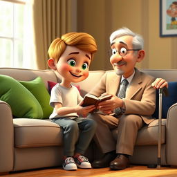 A cozy 3D animated scene featuring a boy named Omid, sitting on a light gray couch adorned with colorful cushions in green and blue