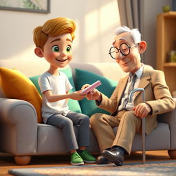 A cozy 3D animated scene featuring a boy named Omid, sitting on a light gray couch adorned with colorful cushions in green and blue