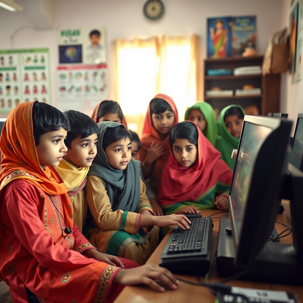 A group of boys and girls, dressed in traditional Pakistani attire, focused on using a computer