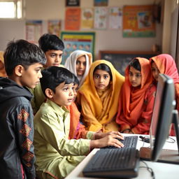 A group of boys and girls, dressed in traditional Pakistani attire, focused on using a computer