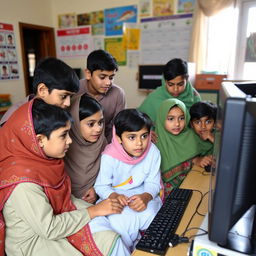 A group of boys and girls, dressed in traditional Pakistani attire, focused on using a computer