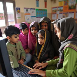A group of boys and girls, dressed in traditional Pakistani attire, focused on using a computer