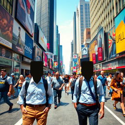 A vibrant and dynamic scene depicting a bustling urban environment with a focus on a busy street