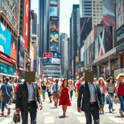 A vibrant and dynamic scene depicting a bustling urban environment with a focus on a busy street