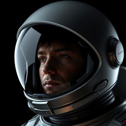 A detailed close-up of a futuristic helmet worn by an astronaut, showcasing its sleek design and advanced technology