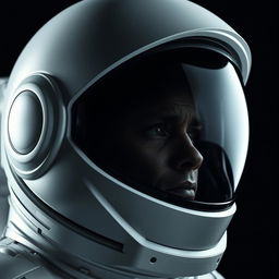A detailed close-up of a futuristic helmet worn by an astronaut, showcasing its sleek design and advanced technology