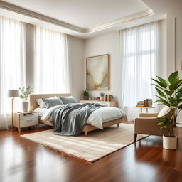 A luxurious, modern bedroom featuring elegant decor