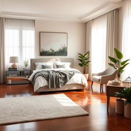 A luxurious, modern bedroom featuring elegant decor
